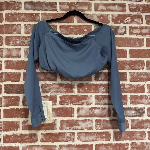 Kalmanovich Off The Shoulder Bubble Hem Crop Top Size 6 Blue - Picture 1 of 7